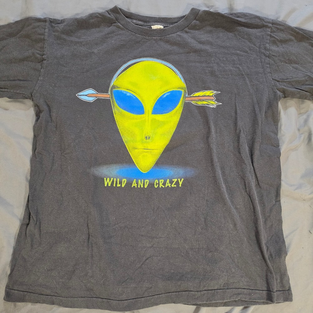 Vintage National Mills Alien Wild and Crazy T-Shirt XL Black Single Stitch USA